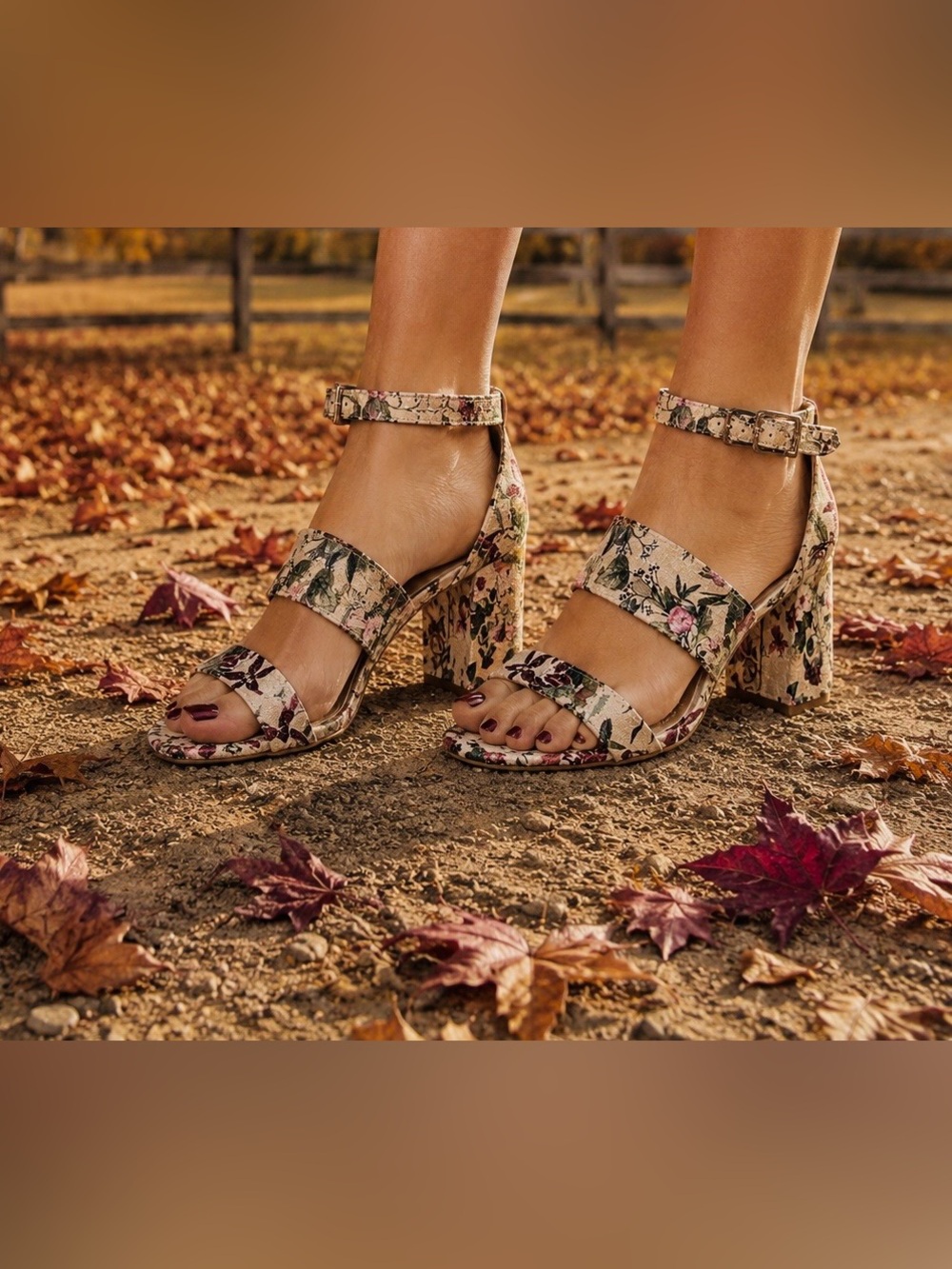 Impo Floral Botanical Block Heel Sandals 9.5M Cream Plum Olive Ankle Strap